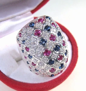 RUBY & BLUE/WHITE SAPPHIRE DOME RING 3.41 CTW sz 7 - WHITE GOLD over 925 SILVER - Picture 1 of 12