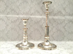 ANCIENNE PAIRE DE BOUGEOIRS ATYPIQUES TELESCOPIQUES CUIVRE PLAQUÉ ARGENT ART Arg - Picture 1 of 12