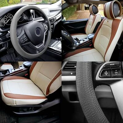 Cubierta de asiento de coche con cucharones de cuero sintético beige tostado con cubierta de dirección gris para SUV Foto 1 de 4