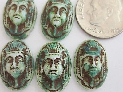 5 RARE 16x11mm MAX NEIGER ART DECO EGYPTIAN REVIVAL SCARAB GLASS CAB CRAFT GREEN - Image 1 of 4