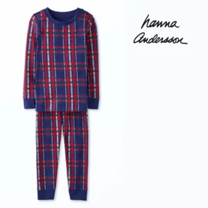 NWOT HANNA ANDERSSON Kids Long John PJ 2pc Set 150cm/US 12 Navy Plaid $50 - Picture 1 of 13