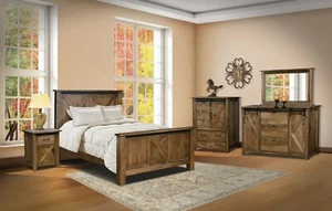 Amish Rustic 5-Pc Bedroom Set Sliding Barn Doors X-Brace Solid Wood Queen King - Picture 1 of 11