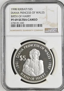 1998 KIRIBATI SILVER $5 DIANA PRINCESS OF WALES BIRTH OF HARRY - NGC PF 69 UC - Picture 1 of 2