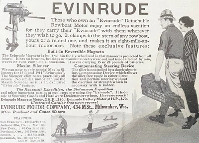 Anuncio impreso de colección 1914~EVINRUDE motor de barco desmontable de 2 hp usado en Roosevelt Expedition Foto 1 de 2