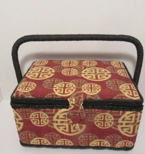 "Cesta de coser, estampado geométrico de tela, rojo/amarillo, mango, cierre a presión, 6""x10" - Imagen 1 de 12