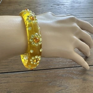 Retro Rhinestone Bangle Bracelet Plastic Yellow Clear Topaz Boho 2 5/8" Diameter - Picture 1 of 5