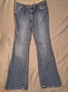 BISOU BISOU Jeans Womens 6 Blue Distressed Flare Mid Rise Embroidered - Picture 1 of 13