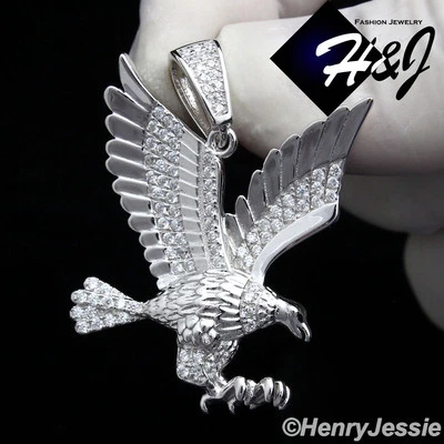MEN SOLID 925 STERLING SILVER ICY BLING CZ HIPHOP 3D EAGLE PENDANT*SP149 - Image 1 of 4