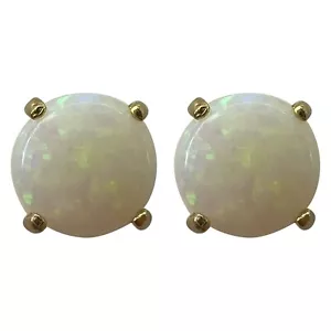 Natural White Opal Round Cabochon 9k Yellow Gold Stud Earrings Play of Colour - Picture 1 of 6