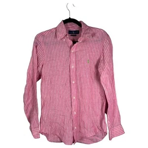 Camicia donna Ralph Lauren Ocean Wash lino rosa righe manica lunga bottoni XS - Foto 1 di 4