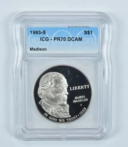 1993-S James Madison Commemorative Silver Dollar PR70 DCAM ICG *3196 - Picture 1 of 5
