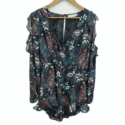 Mujer M Paisley Floral Manga Larga Mameluco Cuello en V Volantes Dobladillo Boho Verano Foto 1 de 4
