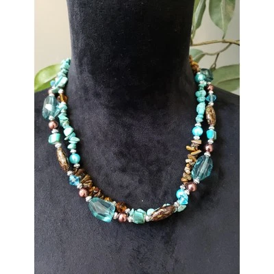 Collar de 2 hilos multi grueso Biwa turquesa perlas de imitación de vidrio con cuentas para mujer Foto 1 de 4