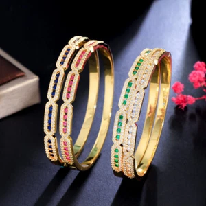 Elegant Rose Red Cubic Zircon Open Cuff Bangle CZ Yellow Gold Plated Women Gift - Picture 1 of 16