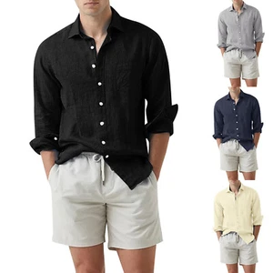 Hot Cotton and Linen Collar Solid Color Long Sleeved Men's Shirt - Picture 1 of 27