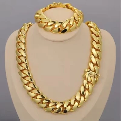 Men's 20MM Cuban Link Chain & Bracelet Set 14K Yellow Gold Plated Silver Jewelry - Image 1 of 4