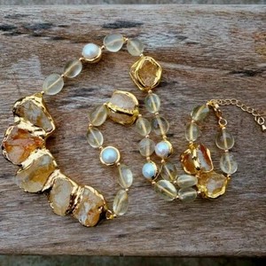 21" Freshwater Pearl Lemon Quatz Necklace Natural Yellow Citrine Rough Pendant - Picture 1 of 5