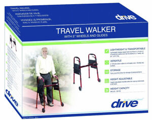 Drive Deluxe Red Portable Folding Travel Walker with 5" Wheels & Folding Legs