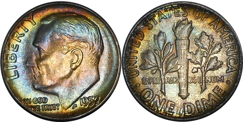 1957 UNC MS COOL RAINBOW COLOR MINT SET TONED SILVER ROOSEVELT DIME 10C Cover