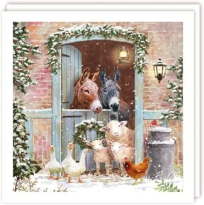 Tracks Medium Donkeys, Geese & Sheep at Snowy Barn Gate Box of 5 Christmas Cards - Picture 1 of 1