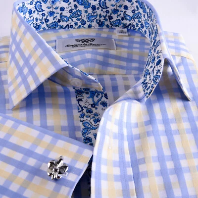 Мужская сине-желтая клетчатая официальная деловая рубашка с итальянским цветочным узором Paisley Boss - Изображение 1 из 4