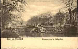 DÜSSELDORF Postkarte ~1902 Tritonengruppe im Stadtgraben AK rückseitig Vignette - Picture 1 of 2