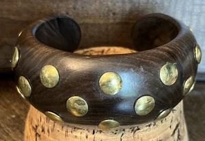 Vintage Solid Wood Bangle With Brass Dots Bracelet - Picture 1 of 7