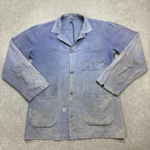 VTG French Jacket Adult Medium Blue Work Wear Faded Herringbone Repaired Mens - Picture 1 of 11
