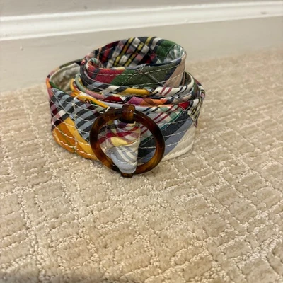 J. Crew Y2K Acolchado Patchwork Tela Cinturón Tortuga Anillo Hebilla Mujer Talla M/L Foto 1 de 4