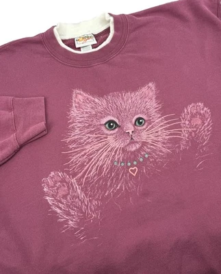 Vintage Morning Sun Pink White Cat Puff Print Collared Grandma Sweatshirt XL - Image 1 of 4