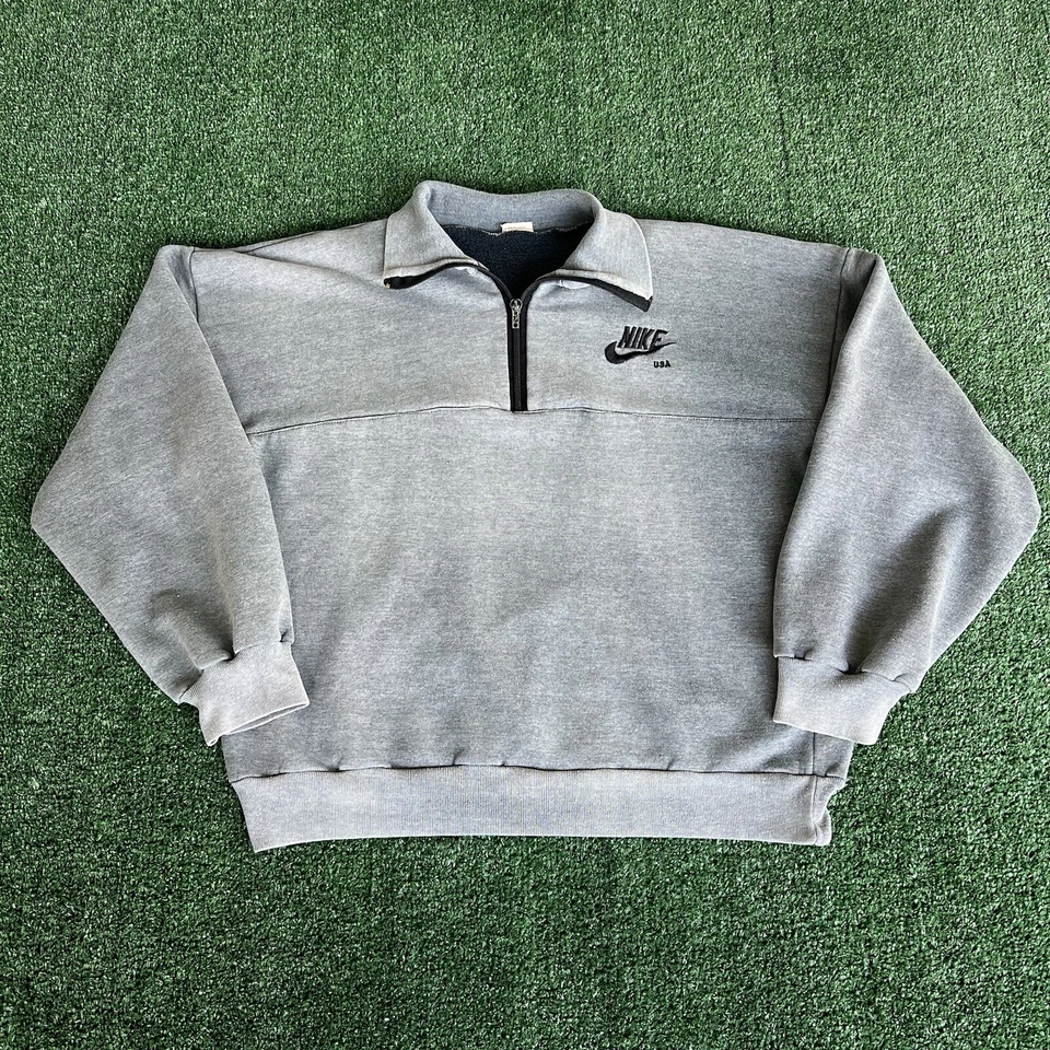 Rare Vintage 70s Nike Quarter Zip Gray Black Cropped Sweatshirt 23.5x22.5” Small - Image 1 of 4