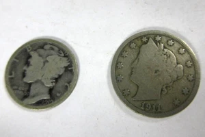 lot American 1919 Mercury Dime and 1911 Liberty V cents nickel coins numismatic - Picture 1 of 11