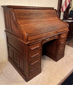 Antique Oak 50" Raised Panel S-Roll Top Desk with Carved Pulls - Picture 1 of 22