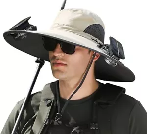 Men Sun Hat USB & Solar Powered Fishing Hats Wide Brim Sun Hat with 2 Solar Fan - Picture 1 of 13