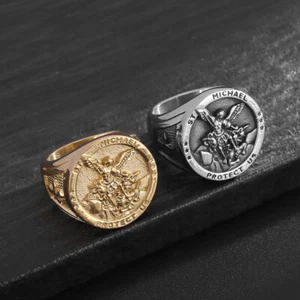 Saint St Michael Archangel Ring Stainless Steel Plated Gold for Men Hip Hop - Picture 1 of 8