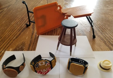 wwe mattel accessories lot 2010 BREAKAWAY TABLE Stool 3 BELTS Bray Wyatt's HAT Cover