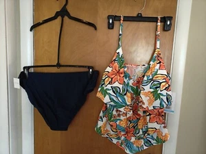 Into The Bleu Women's Two Piece Bathing Suit Tankini Size XL Floral & Navy NWT - Picture 1 of 8