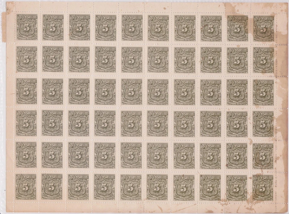 (F169-26) 1898 EL Salvador 5c Gris franqueo debido hoja completa 60 sellos MUH (desgastado)(Z) Foto 1 de 1