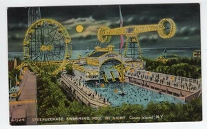 CONEY ISLAND NY STEEPLE CHASE SWIMMING POOL FERRIS WHEEL BY NIGHT - Bild 1 von 2