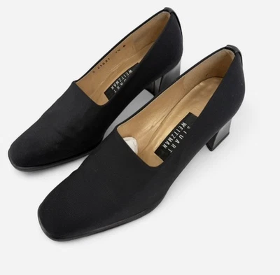 Zapatos de salón Stuart Weitzman 7,5 m de tela elástica negra punta cuadrada de colección años 90 Foto 1 de 4