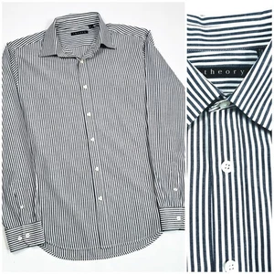 Camicia uomo Theory a righe con bottoni taglia M bianca grigia cotone seta - Foto 1 di 7