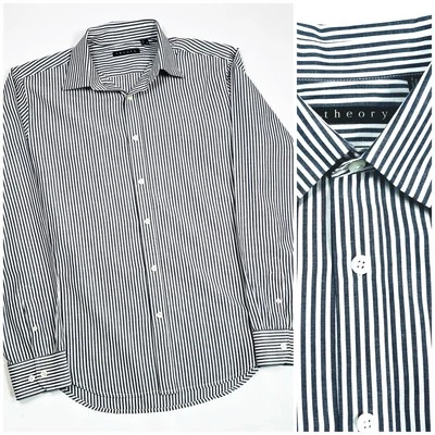 Camisa Theory Para Hombre Camisa a Rayas con Botones Talla M Blanca Gris Algodón Seda Foto 1 de 4