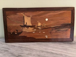 MARQUETRY WOOD INLAY WALL DECOR PICTURE BOATS ON WATER - Picture 1 of 7