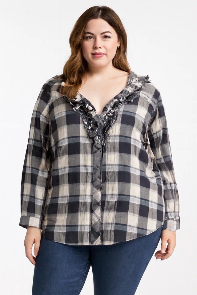 Blusa Covington Mujer Cuadros Volantes Gris Blanco Talla 20/22W 100% Algodón Foto 1 de 4