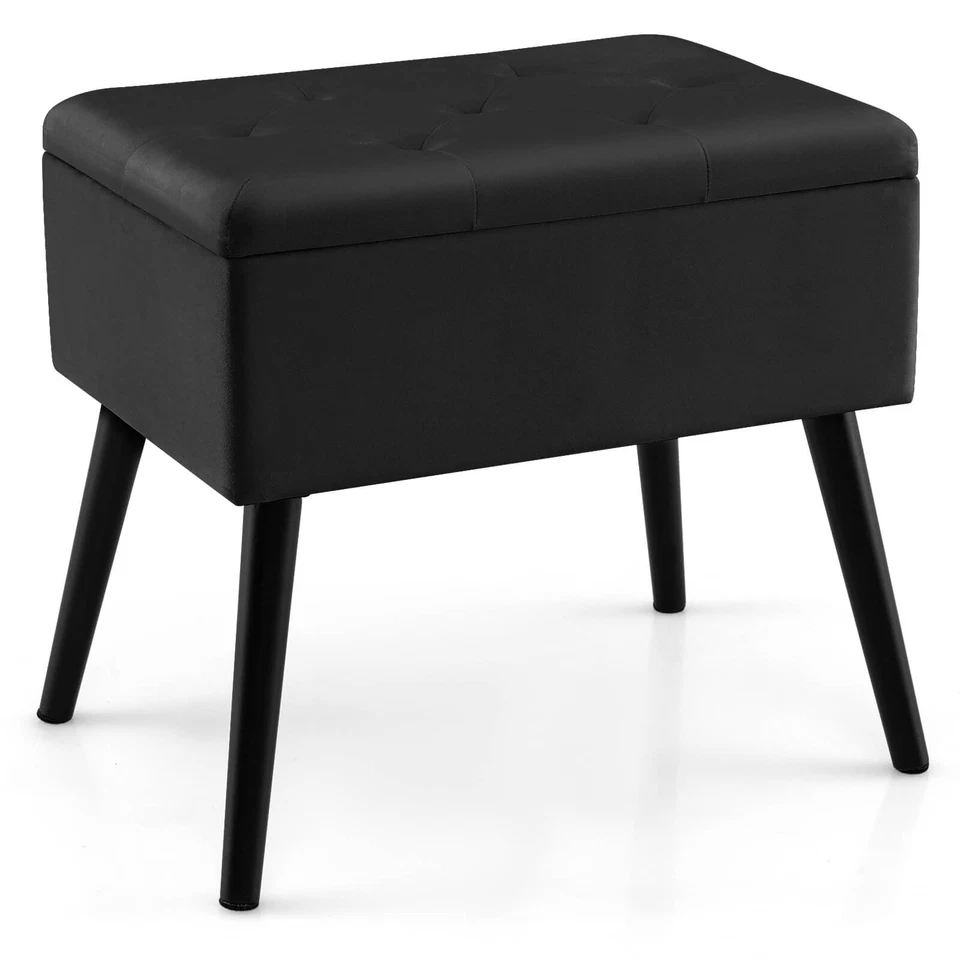 Velvet Vanity Stool Ottoman w/ Storage Solid Wood Legs Flip-Up Top for Entryway - Image 1 of 4