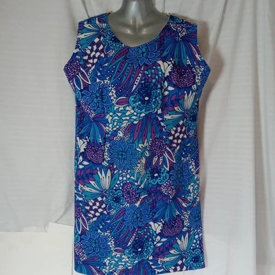 Vestido recto vintage años 60 azul púrpura tropical Flower Power XL hecho a mano Foto 1 de 4