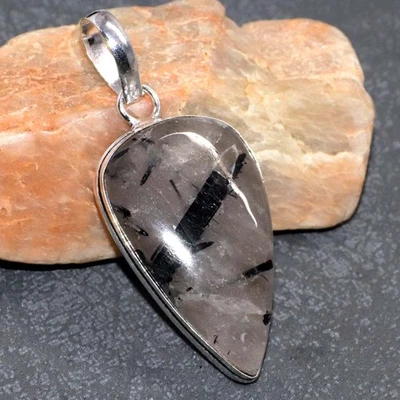 Natural Black Rutile 925 Silver Plated Pendant 2" Ethnic Jewelry GW - Image 1 of 3