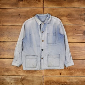 Vintage French Workwear Jacke L Distressed Faded Repaired Sun Faded Blue - Bild 1 von 7