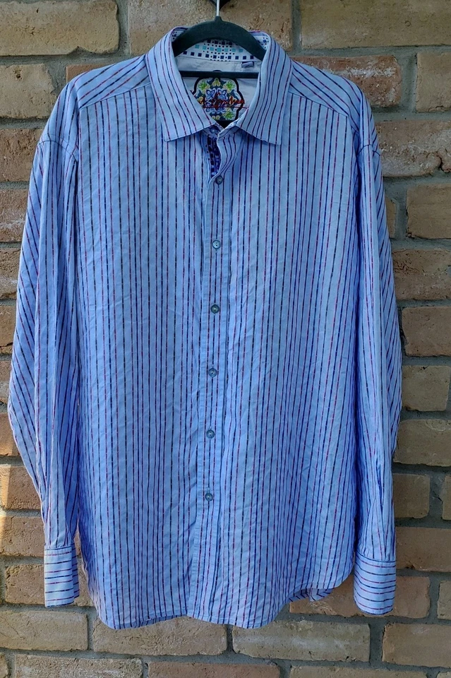 Robert Graham многоцветный полоски хлопок платье рубашка XL контраст Flip манжеты Индии - Изображение 1 из 4