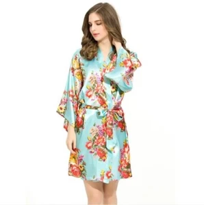 Satin Floral Mint Green Japanese Kimono Pajamas Sleepwear Bathrobe Large - Picture 1 of 1